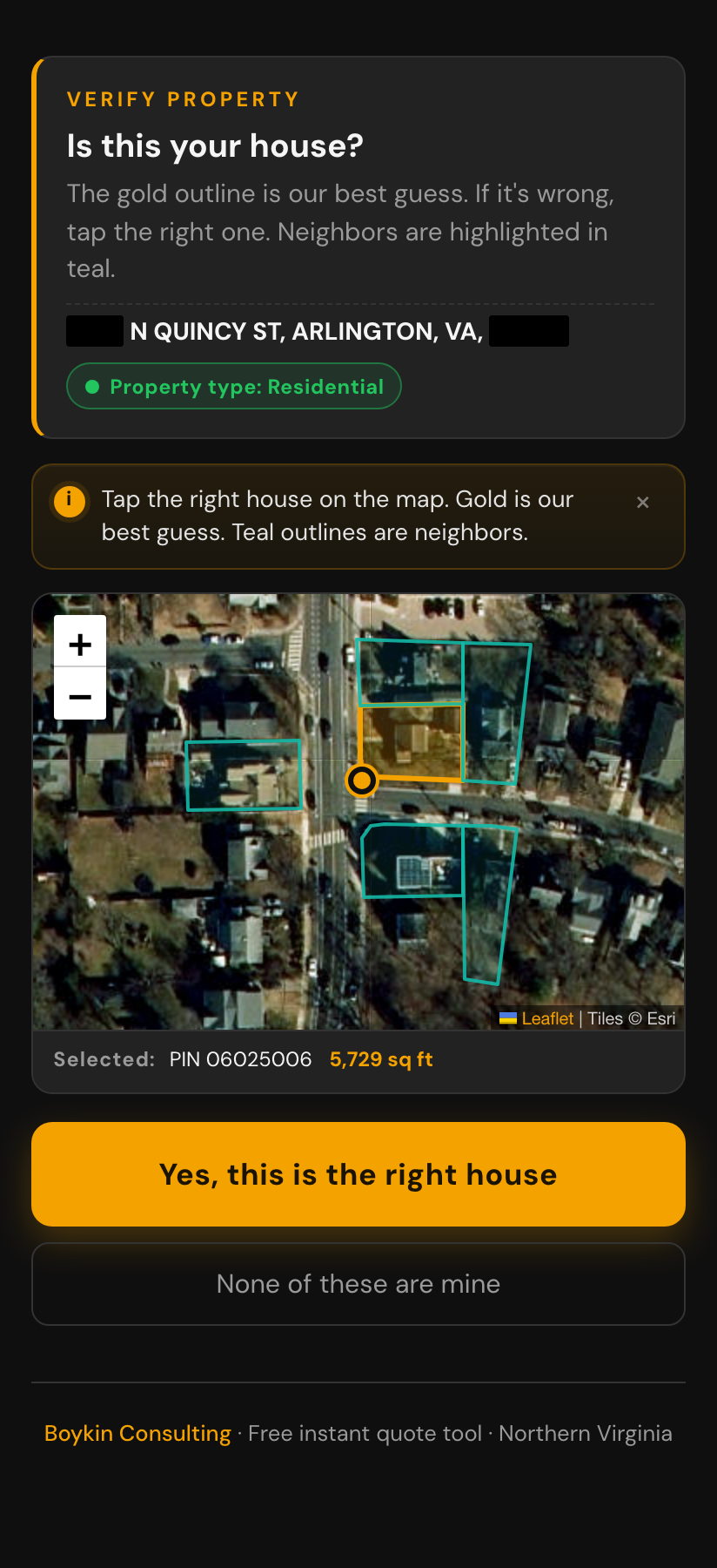Lawn quote tool showing a satellite map with the lot outlined in gold and a 'Yes, this is the right house' confirmation button.
