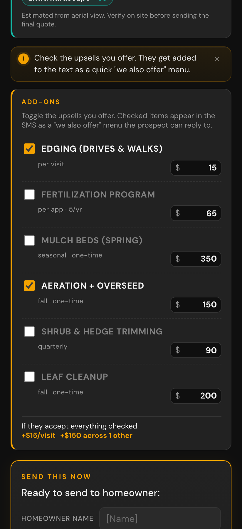 An add-ons card showing six seasonal services with checkboxes and prices. Edging and aeration are checked.