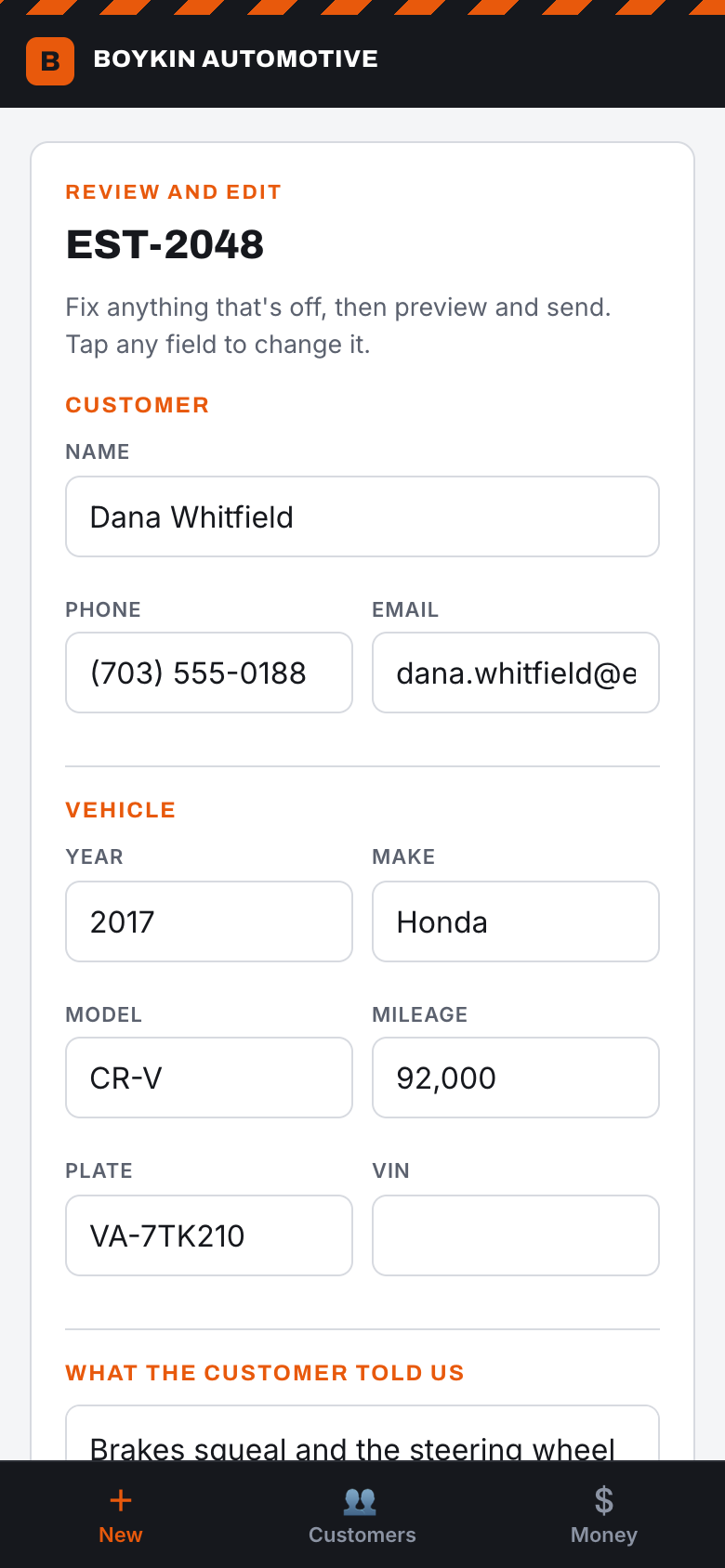 A generated estimate showing customer and vehicle details pulled from speech