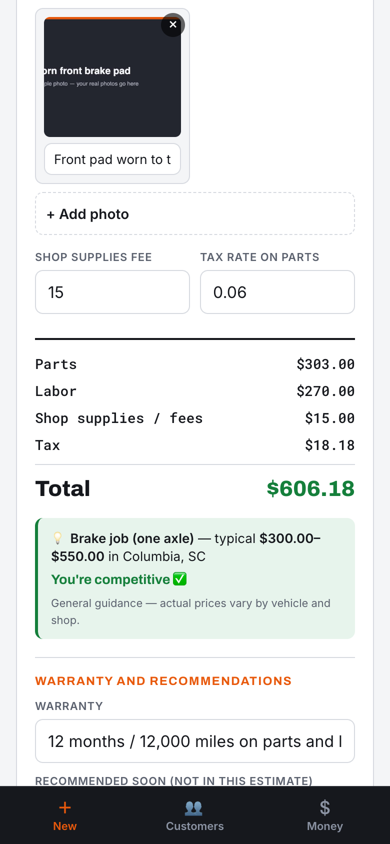 Editable line items and a running total on the estimate