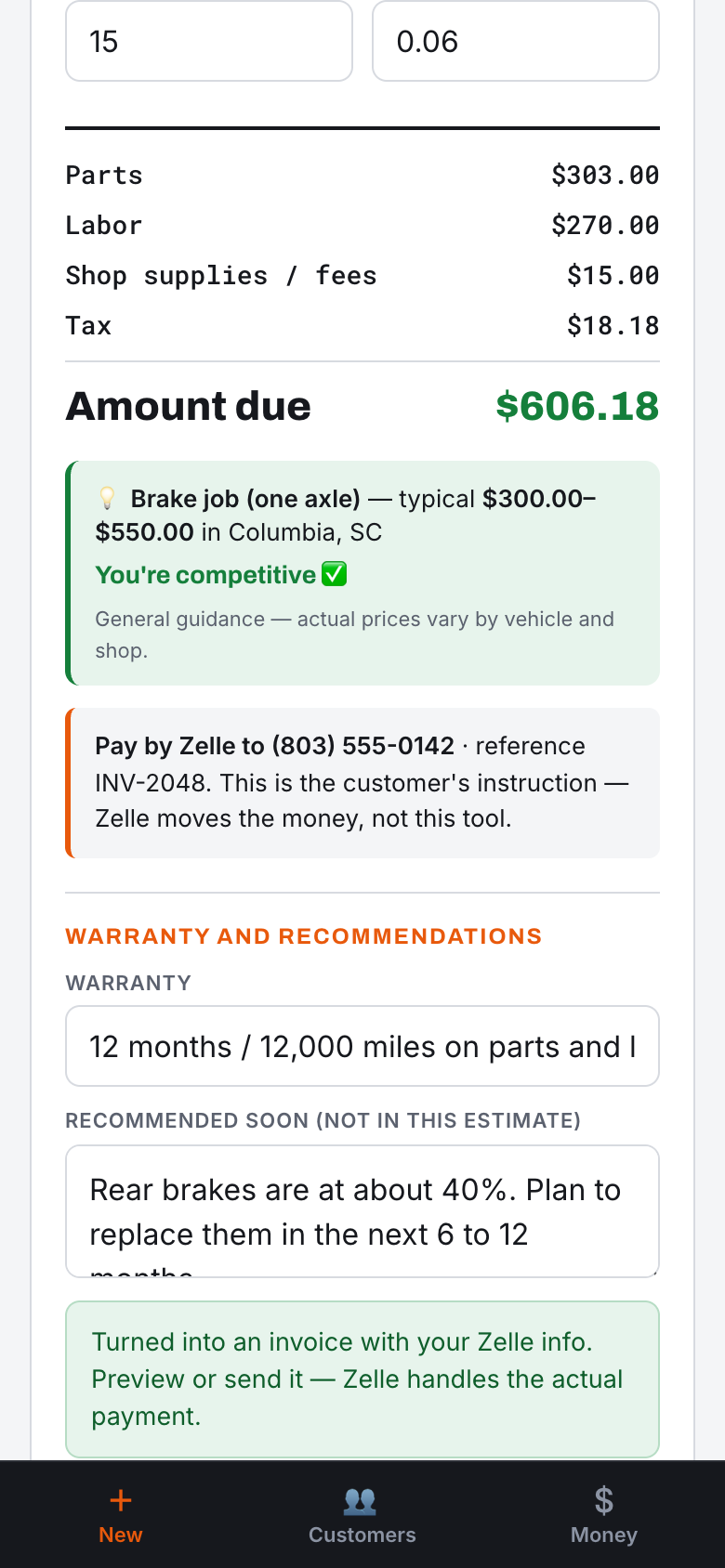 The estimate turned into an invoice with Zelle payment details
