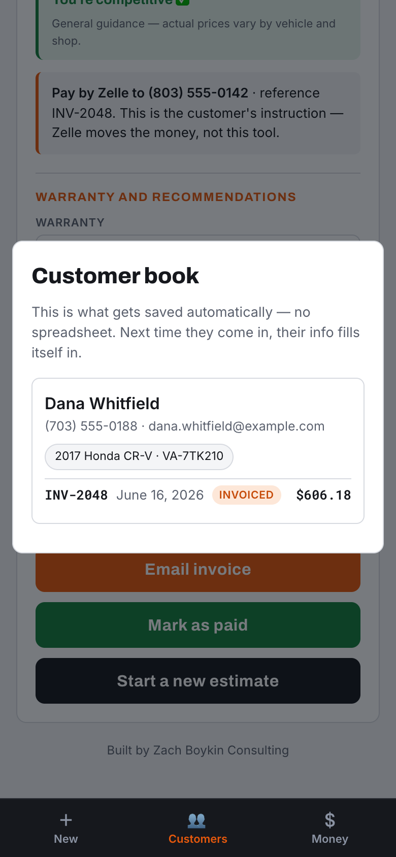 The customer book showing a saved customer, vehicle, and job history