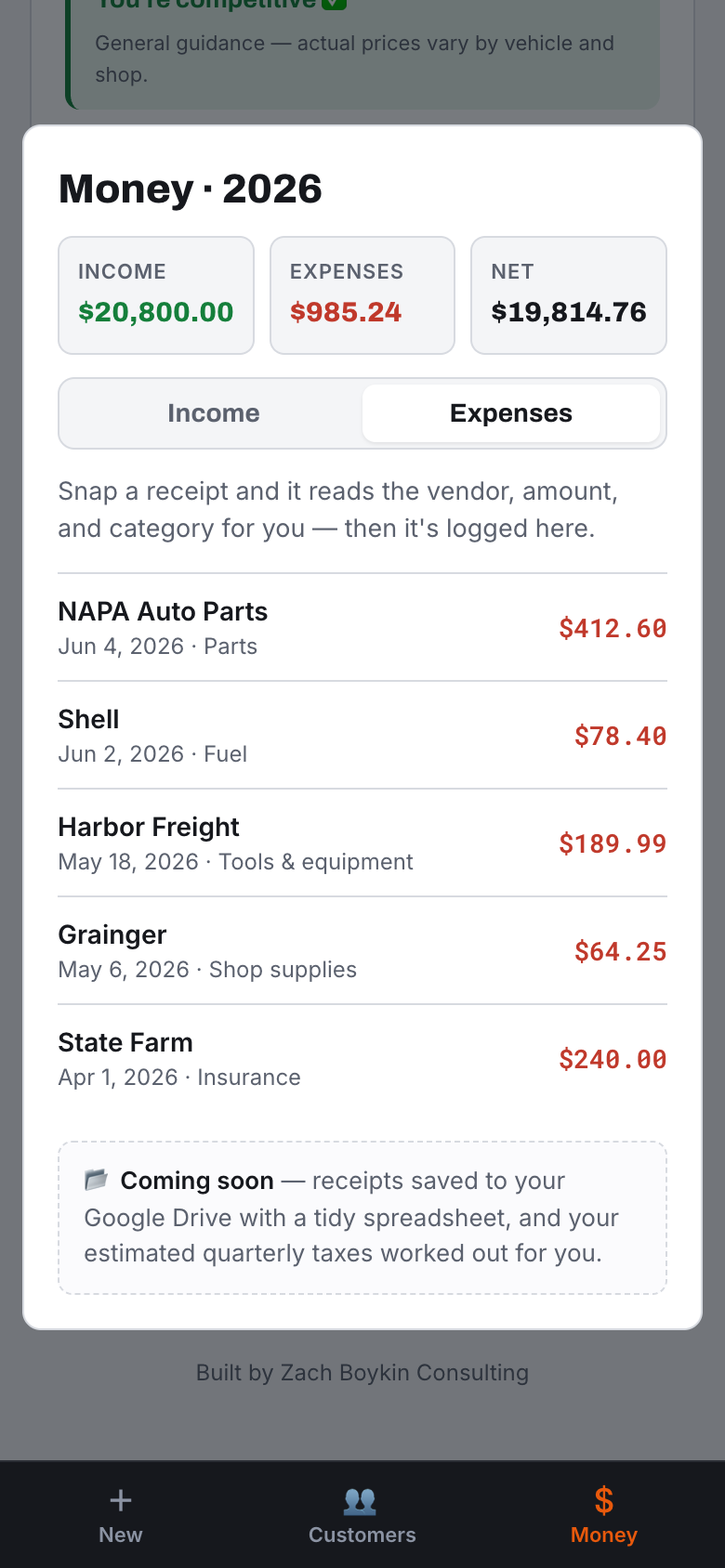 The expenses tab with receipts logged by vendor and category